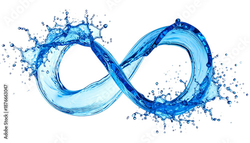 Infinity symbol sculpted from flowing, splashing blue water on a black background