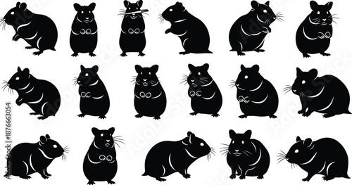 Collection of black rodent silhouettes featuring hamsters and small mammals in diverse poses for animal design, biology, and educational illustration use