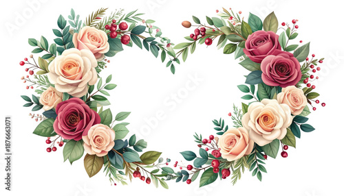 Watercolor rose loveframe, empty center invitation layout. Botanical garland border, bridal stationery copyspace. Pastel bloom ringlet, romance branding artwork