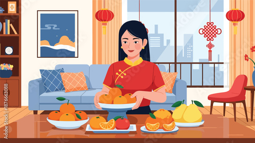 Vector illustration of a Chinese woman placing oranges and symbolic fruits on a table, Chinese New Year prosperity tradition concept