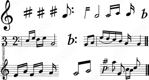 Music notation vector set, treble clef symbols, note values, time signatures, key signatures, staff illustration, music theory design, black and white