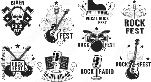 Rock fest logo set, guitar icons, microphone graphics, drum vector, music festival emblems, monochrome rock symbols, bold music design, radio theme