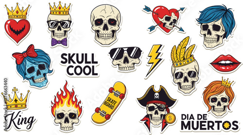 Skull sticker collection, colorful skulls, cartoon skulls, Dia de Muertos, punk skulls, flame skulls, pirate skulls, cool skull art, vector illustration
