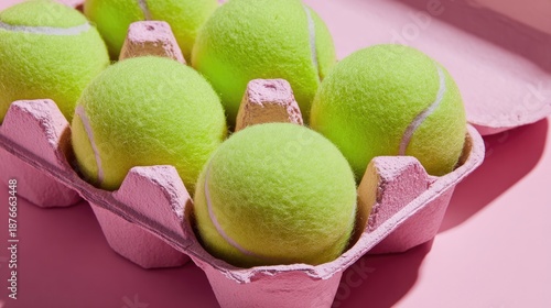 Green tennis balls arranged in pink egg carton minimalist product photography