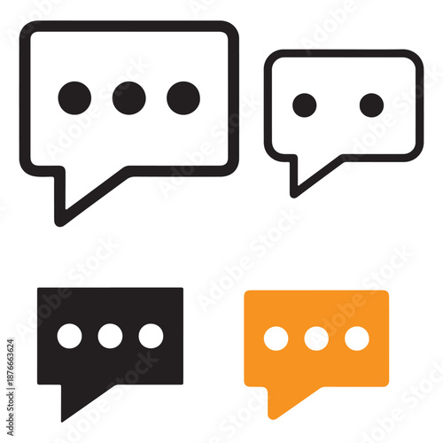 This image displays four variations of a chat or message icon, arranged in a two-by-two grid. The icon features a speech bubble shape with three dots inside, typically representing a comment 