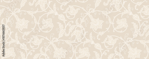 Elegant ivory beige floral vector pattern with chinoiserie motifs, vintage botanical blooms, and intricate traditional leaves for sophisticated textile designs