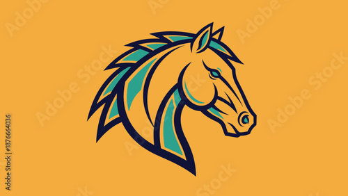 Stylized and colorful horse head in profile on a vibrant orange background, depicting energy and power.