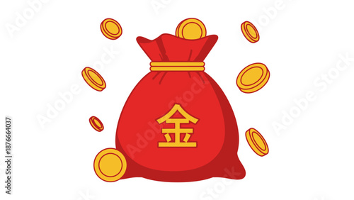 Red money bag with golden Chinese character for 'gold' and scattered gold coins, symbolizing wealth and good fortune, isolated white background.