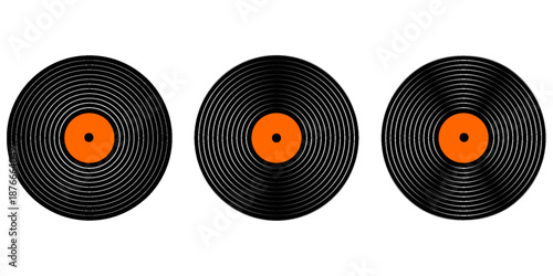 Set of vinyl records. LP or long play music plates for gramophone isolated on white background. DJ discs for techno party. 70s 80s 90s discotheque nostalgia concept. Vector flat illustration.