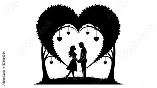 Silhouette of a Loving Couple Standing Under a Heart-Shaped Tree with Hanging Hearts on an Isolated White Background