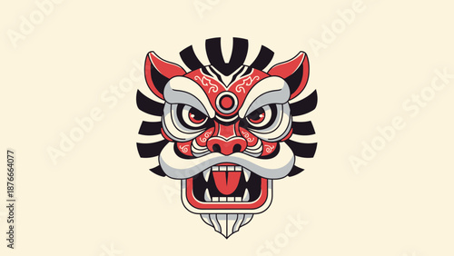 Fierce red and black Chinese Lion Dance mask with stylized fangs and detailed facial features, symbolizing power and protection, in a bright studio.