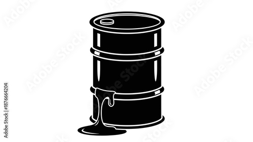 Black Silhouette of Leaking Oil Barrel with Heavy Drips on Isolated White Background