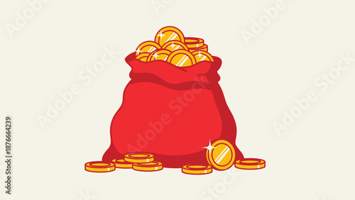 Red Money Bag Overflowing with Golden Coins and Ingots in Bright Studio