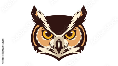 Detailed Owl Head Illustration with Bright Yellow Eyes on Isolated White Background