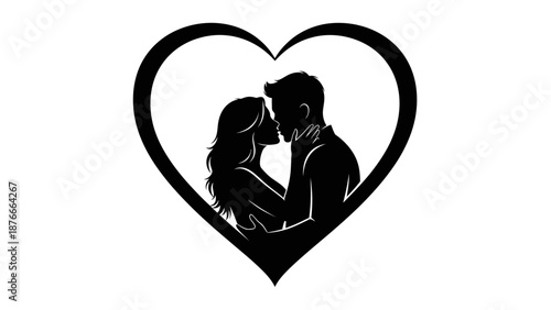 Romantic Couple Kissing and Embracing within a Heart Shape Black Silhouette on Isolated White Background