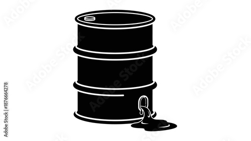 Black Silhouette of Leaking Oil Barrel with Spilling Liquid on Isolated White Background