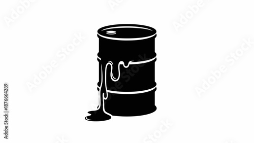 Black Silhouette of Leaking Oil Barrel with Spilled Puddle on Isolated White Background