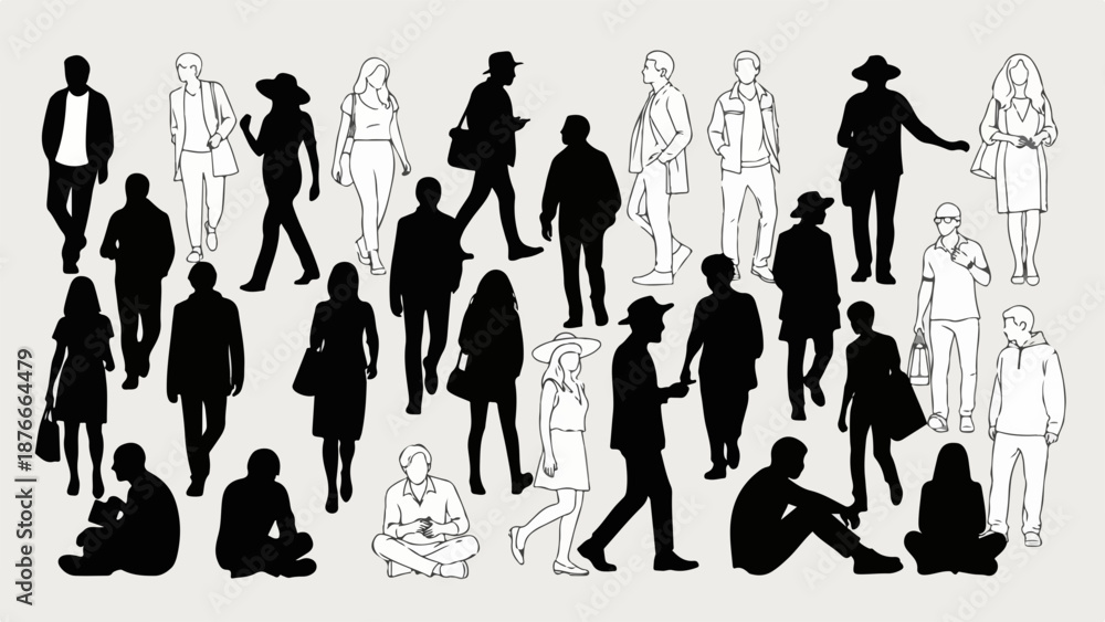 Obraz premium A diverse collection of adult male and female figures in various poses, depicted as both solid silhouettes and clean outlines. These graphic elements represent urban crowds and population groups,