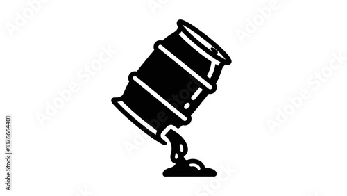 Black Oil Barrel Tilted and Pouring Liquid, isolated white background.