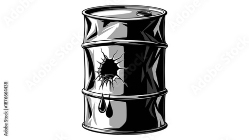 Damaged Black Oil Barrel with Bullet Holes and Dripping Liquid, isolated white background.