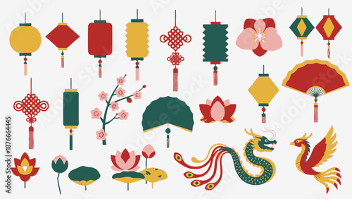 Vibrant Collection of Chinese New Year Celebration Elements with Lanterns, Fans, and Phoenix, isolated white background.