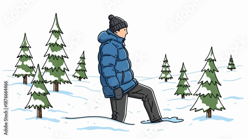 Person walking through deep snow with pine trees in winter, wearing warm jacket and beanie. This image represents challenges, exploration, unexpected obstacles in cold weather.