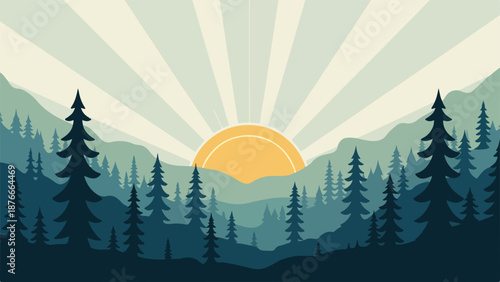Stylized mountain landscape illustration with rising sun and sunrays, featuring layers of hills and evergreen forest. Depicts nature, tranquility, and outdoor adventure.