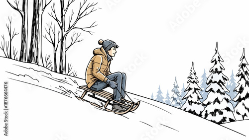 Young person enjoying a winter day, sledding down a snowy hill. Concept of outdoor recreation, childhood fun, or seasonal activities.