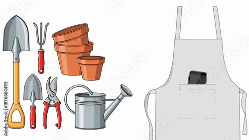 Gardening tools set showing shovel, hand trowel, terracotta pots and watering can. Practical gardening tools set includes pruning shears, hand fork, and plain apron for planting tasks.