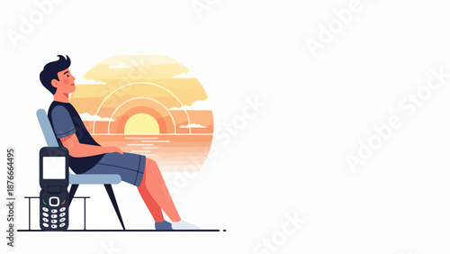 Relaxed young man enjoying digital detox, sitting on chair watching vibrant sunset over ocean horizon. Illustration shows person finding calm with feature phone nearby,