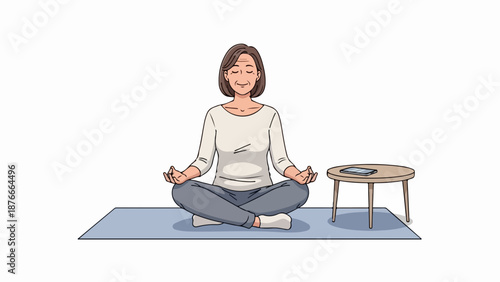 Meditating woman sits peacefully in lotus pose on blue yoga mat. Serene meditating woman practices mindfulness, hands in mudra, eyes closed, beside small stool with smartphone.
