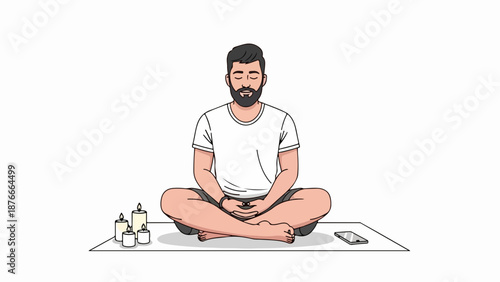 Man performs serene meditation practice, seated cross legged on mat, eyes closed, hands in lap. Lit candles and phone create tranquil setting for modern mindfulness meditation practice.