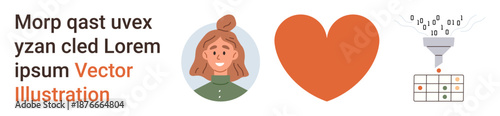 Data analysis, technology, emotional connection, user data, personal profiles, love analytics. Female avatar, a red heart and data funnel show symbolic data flow and emotional connection