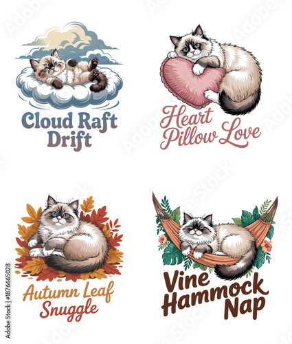 Four cute ragdoll cats in whimsical scenes with text labels Keywords: cat, kitten, ragdoll, cute