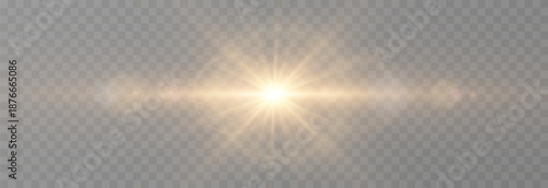 Vector realistic light PNG. Sun with rays and glare PNG. Sunlight or dawn on transparent background. Golden light.