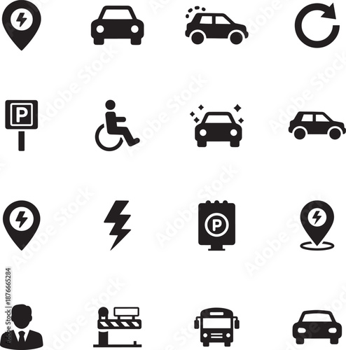 Parking and Transport Silhouette icon collection. Includes Silhouette symbols car, parking sign, charging station, barrier, wheelchair and more. Isolated icons. Parking icon set. Minimalist icons pack