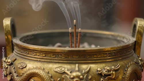 Incense sticks burning in a bronze dragon censer with smoke