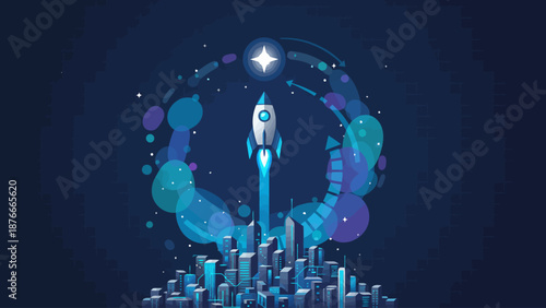 Abstract blue vector background with glowing circles and digital network spheres representing a global technology concept of light energy and business science illustration