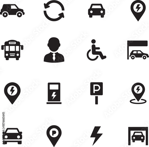 Parking and Transport Silhouette icon collection. Includes Silhouette symbols car, parking sign, charging station, barrier, wheelchair and more. Isolated icons. Parking icon set. Minimalist icons pack