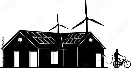 Sustainable living silhouette vector with solar panels, wind turbine and electric bike. Eco-friendly green energy home and renewable technology concept.
