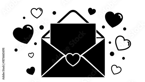 Black and white illustration of an envelope with a heart, surrounded by floating hearts and dots on a white background