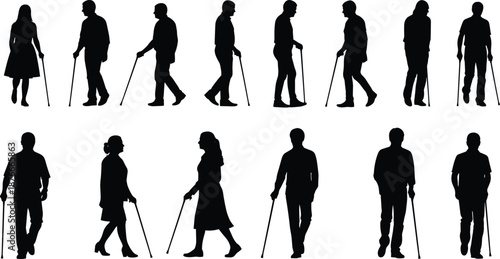 Collection of black silhouettes showing diverse individuals walking with canes, mobility assistance, accessibility, posture, and support illustration for design