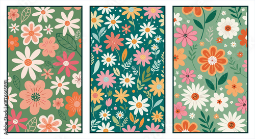 Set of three seamless patterns featuring a variety of colorful spring flowers like daisies in pink, orange, and white. Vibrant vector designs on a soft green background for textiles