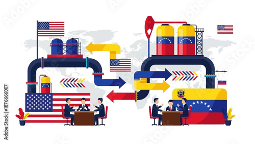 Illustration of US and Venezuelan oil industry cooperation with geopolitical relations and global implications.