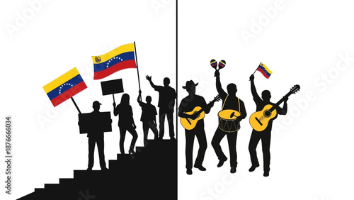 Illustration of silhouetted people holding Venezuelan flags and musical instruments on a staircase with a white background.