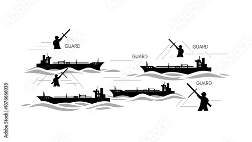 Illustration of silhouette boats with guards on water against a clean white background depicting US operations in Venezuela with geopolitical relations and oil implications.