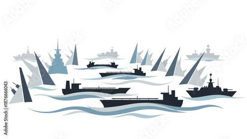 Illustration of a naval fleet with various ships and boats on wavy water against a white background, representing geopolitical relations and oil transport.