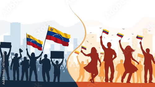 Illustration of Venezuelan protest with silhouetted crowds holding flags and signs against a cityscape background with a split orange and blue color scheme conveying geopolitical relations