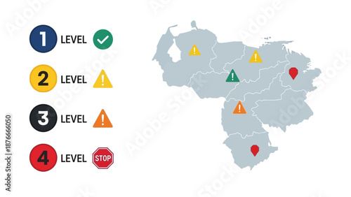 Infographic map of South America highlighting US operations in Venezuela with geopolitical risk levels marked by colored symbols and pins on a gray continent map.
