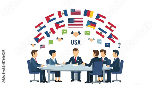 Illustration of a diverse business team in a meeting with flags from various countries including the USA, symbolizing global partnerships and geopolitical relations in a professional